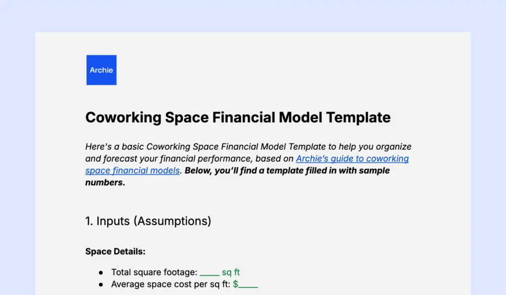Coworking space financial plan template from Archie.