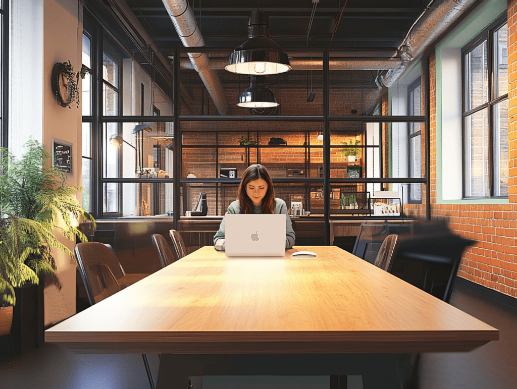 A woman sitting alone at a large wooden table in a modern meeting room.