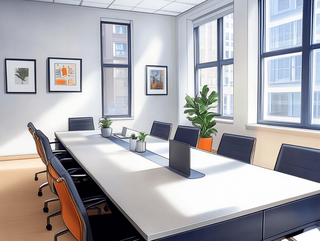 A bright meeting room with a large rectangular table surrounded by chairs.