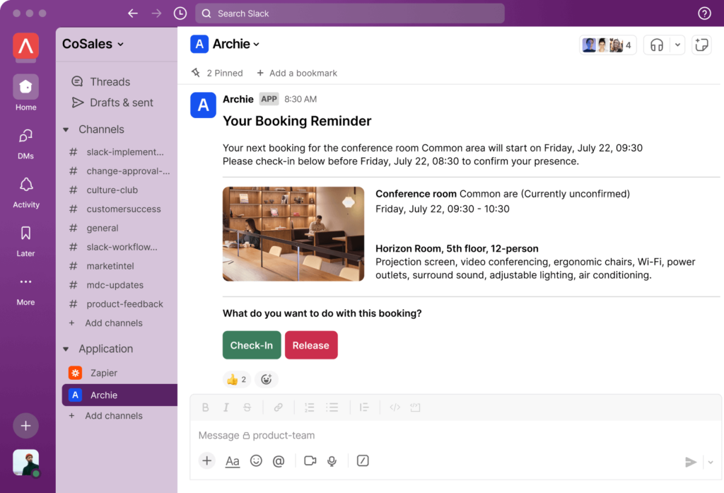 Managing desk and room reservations in Slack with Archie integration.