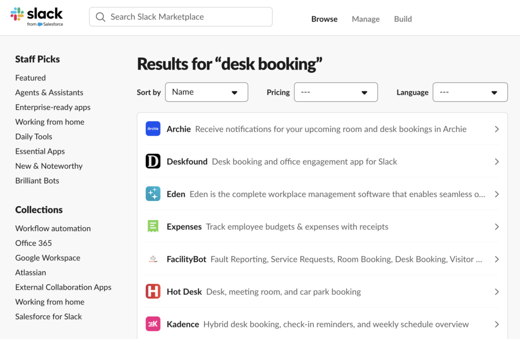 Slack desk booking apps listed in the Slack Marketplace.