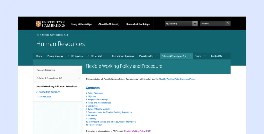 University of Cambridge - flexible hybrid work policy example.