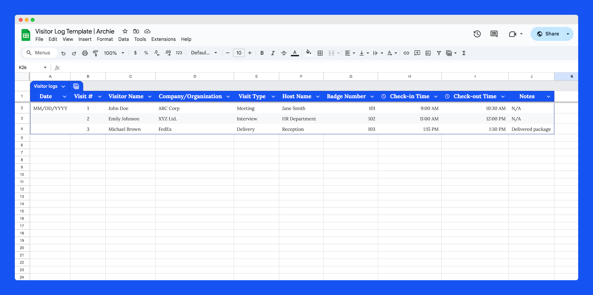 Introducing Archie's visitor log template.