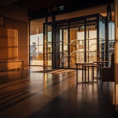 A modern lobby area with warm lighting from the evening sun streaming through glass doors.