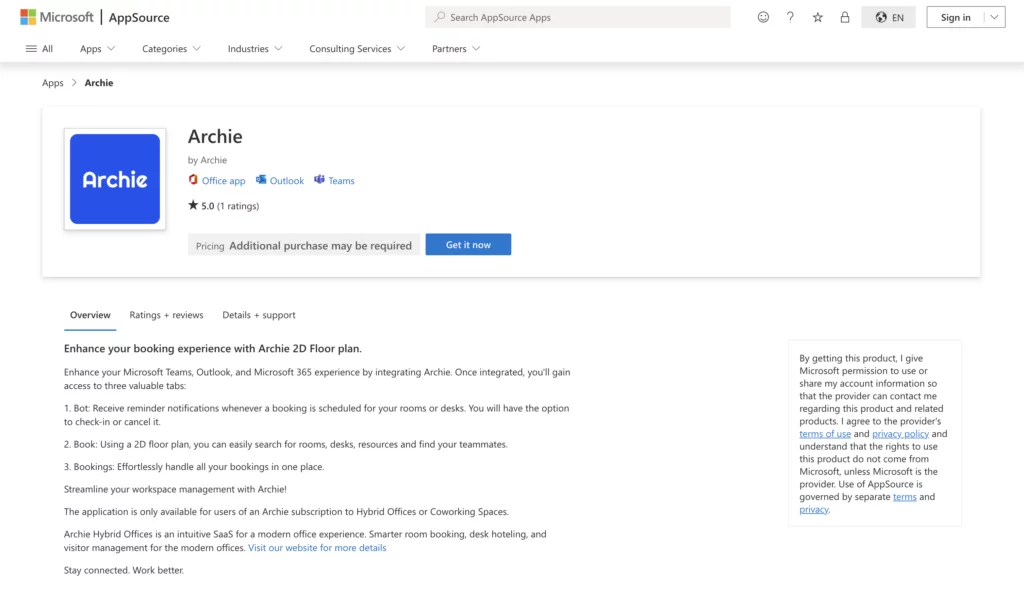 Archie listed in the Microsoft AppSource Marketplace.