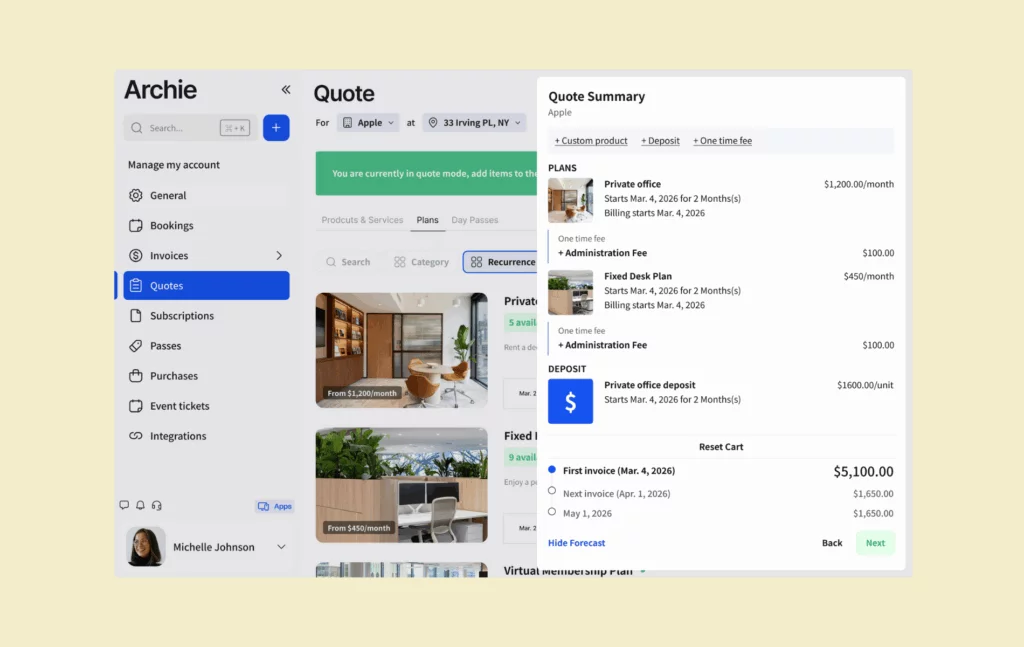 Archie - Coworking software interface showing a quote summary for a new member, including private office plans, desk options, fees, and deposit details.