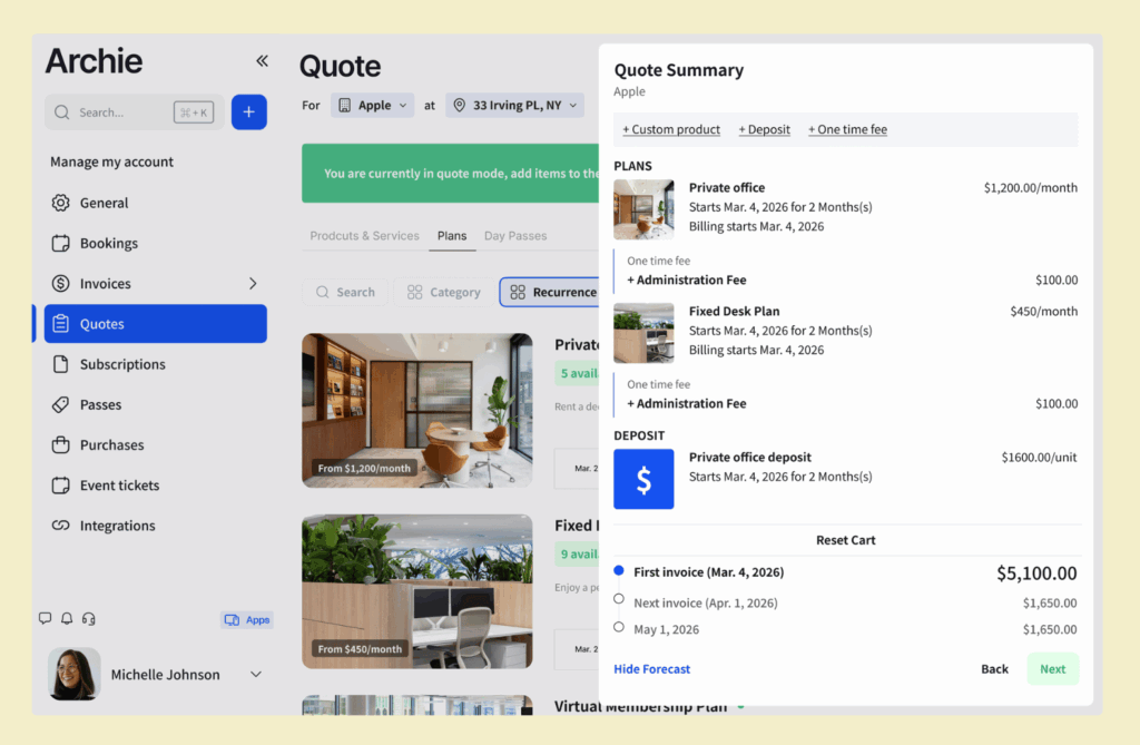 Archie - Coworking software interface showing a quote summary for a new member, including private office plans, desk options, fees, and deposit details.