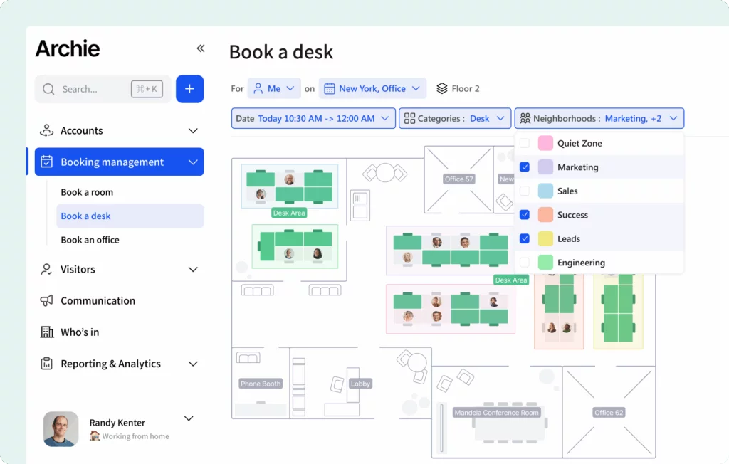 Archie desk booking features - filtering by amenities.