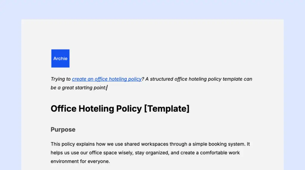 Office hoteling policy template from Archie.