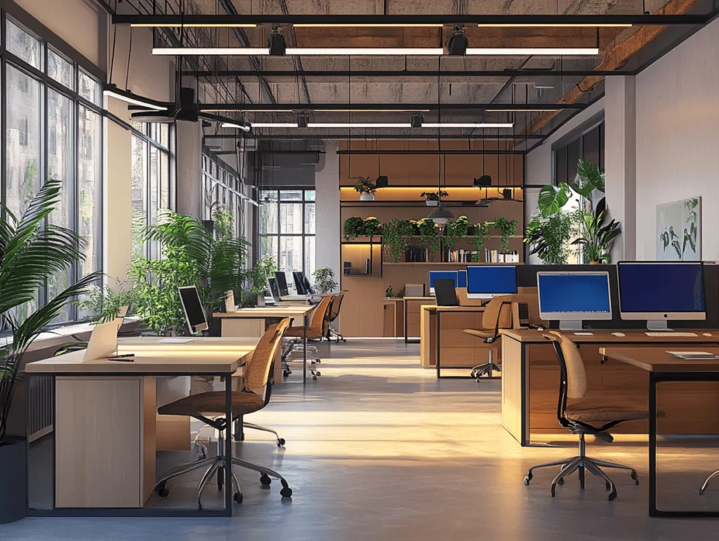 A modern office space with rows of wooden desks and chairs, each equipped with desktop computers.