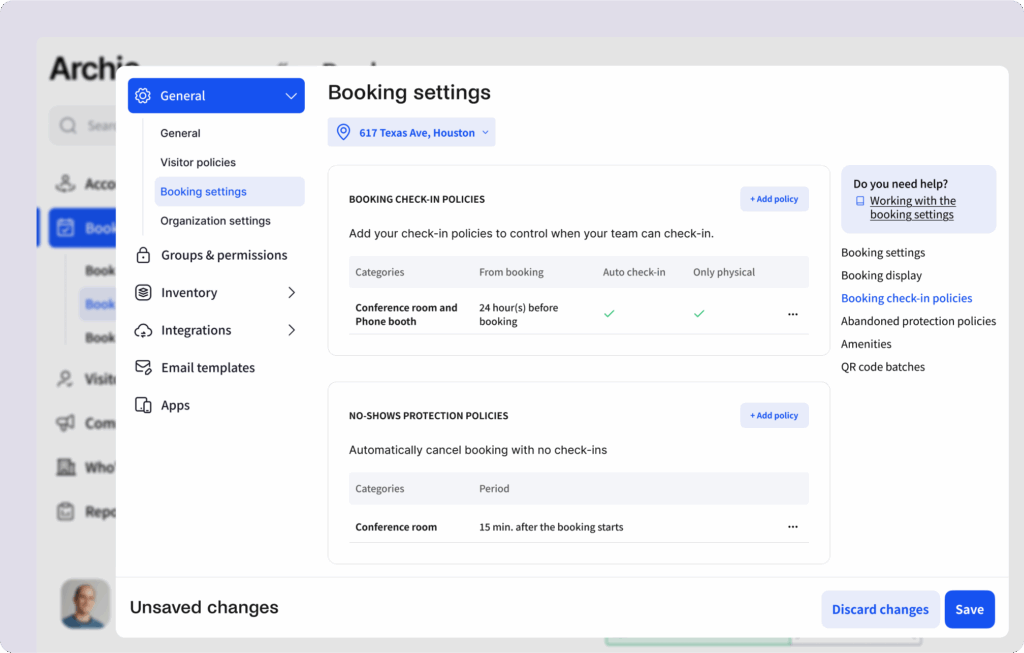 Room booking settings at Archie.