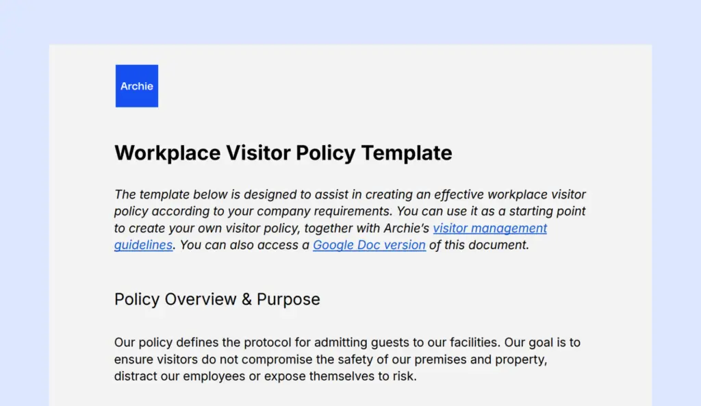 Workplace visitor policy PDF template from Archie.