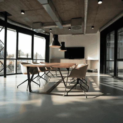 Modern meeting room with large windows, a wooden conference table, pink chairs, and industrial-style ceiling lighting.