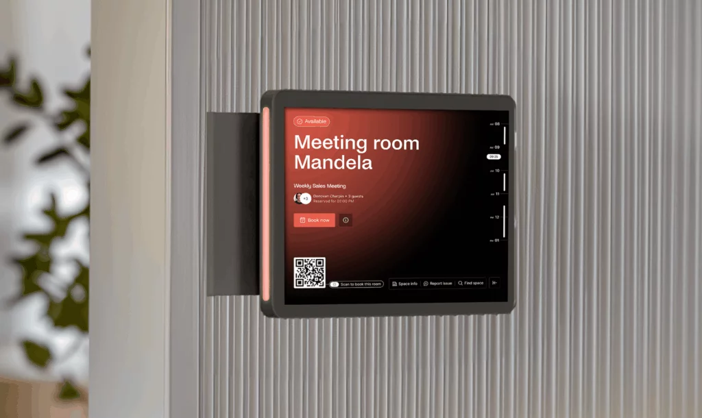 Meeting room display running Archie Rooms app that shows real-time availability and eases room booking.