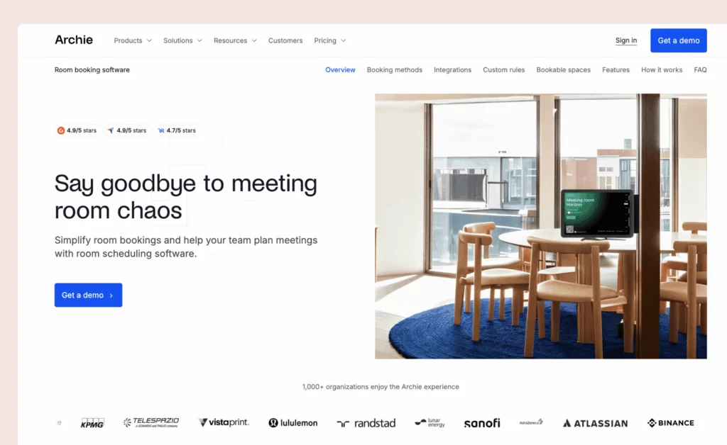 Screenshot showing Archie - the best meeting room booking software.