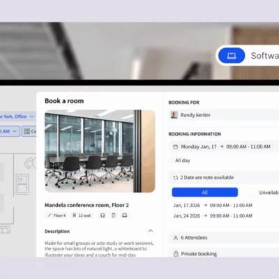 A screen showing a coworking booking system Archie, with booking details and availability for a conference room.