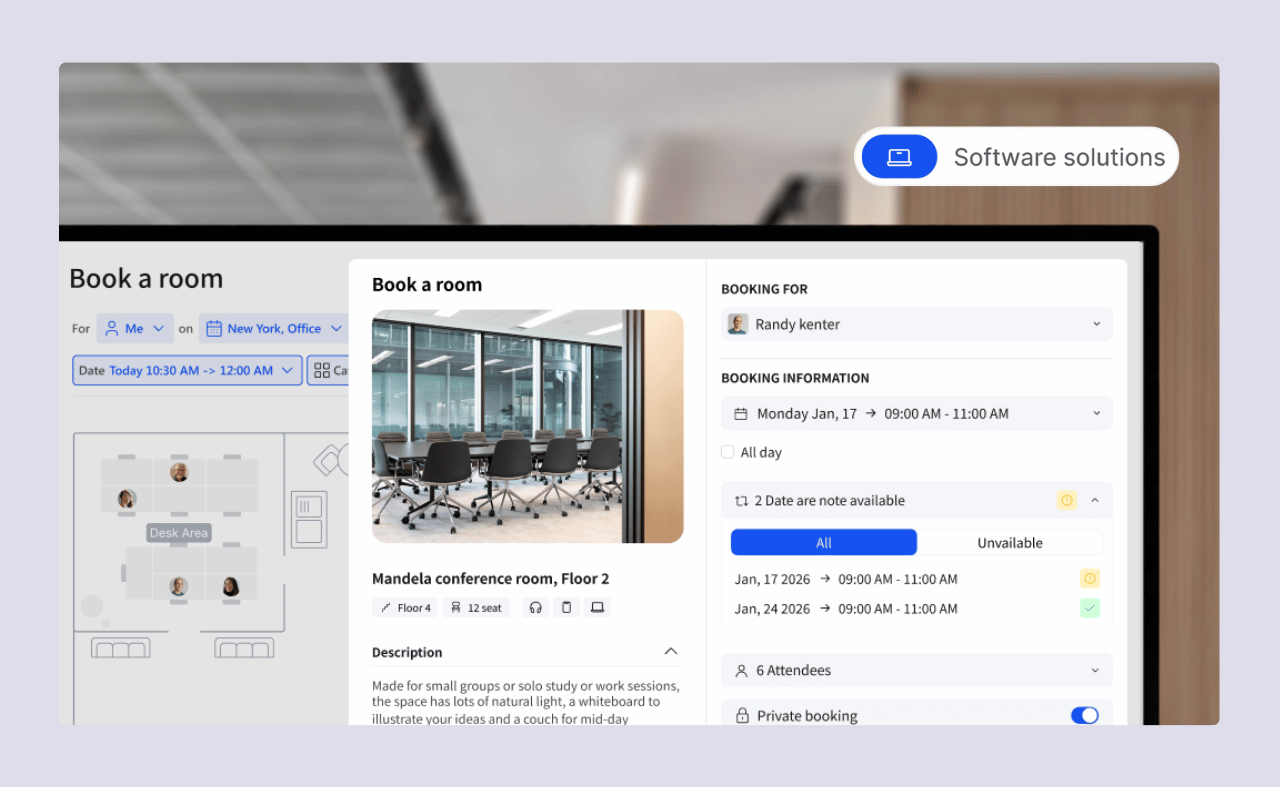 A screen showing a coworking booking system Archie, with booking details and availability for a conference room.