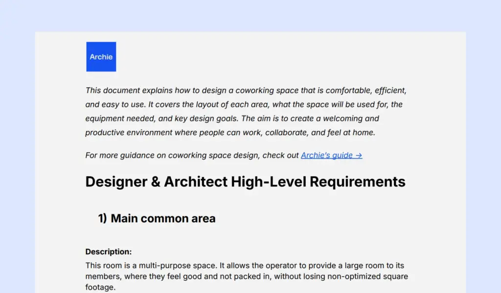 Coworking space design PDF from Archie.