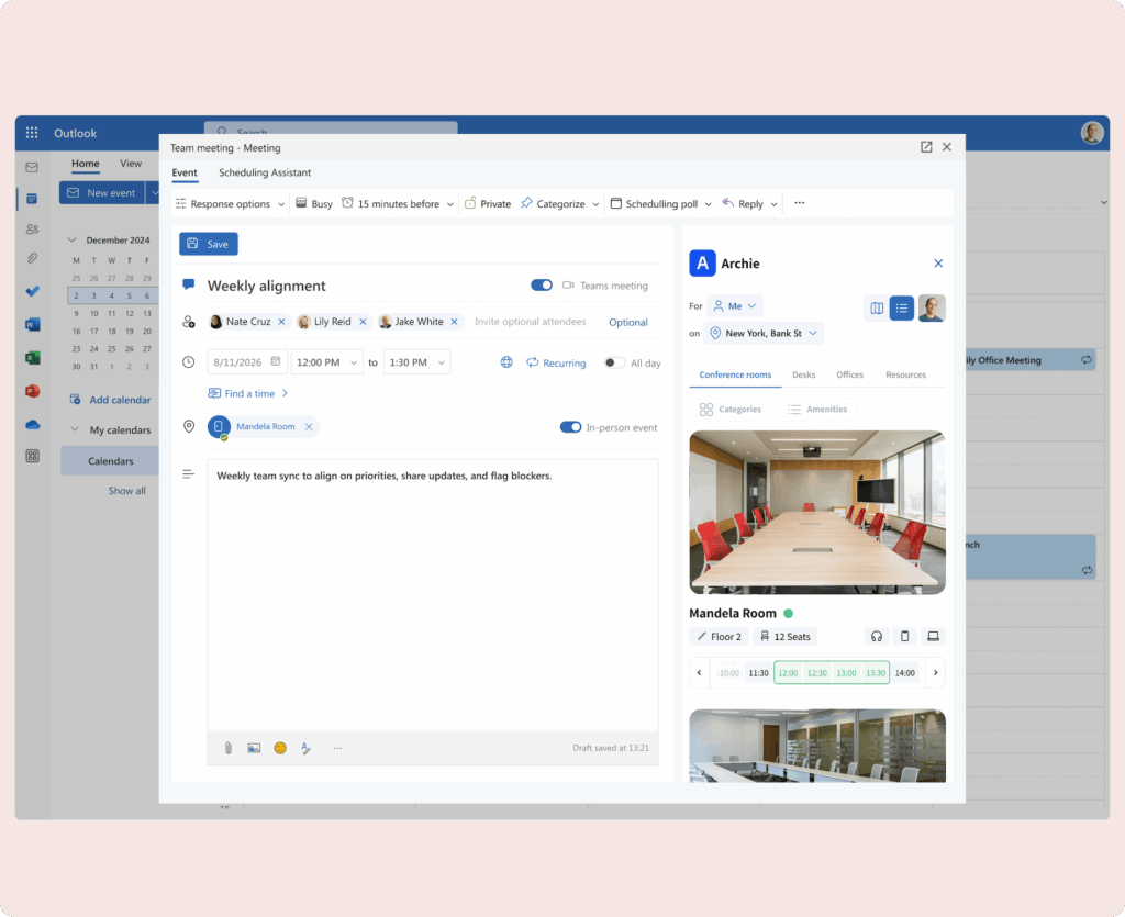 A screenshot of a meeting being scheduled in Outlook with Archie’s integration, showing room booking details and a photo of the selected conference room.