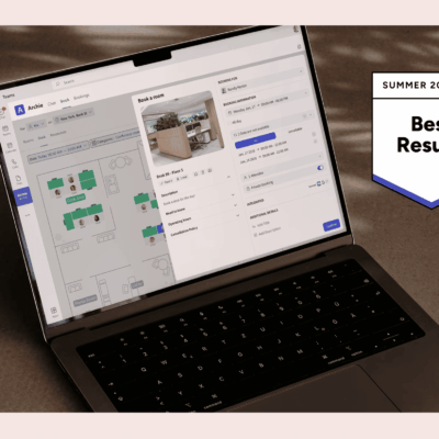 Award-Winning Software, Backed by User Reviews A laptop screen showing Archie software’s room booking feature with a floor plan, next to a G2 “Best Results” badge for Summer 2025.