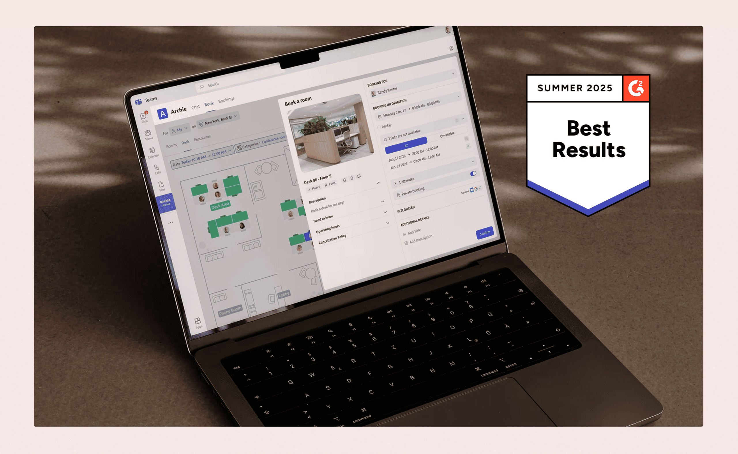 A laptop screen showing Archie software’s room booking feature with a floor plan, next to a G2 “Best Results” badge for Summer 2025.