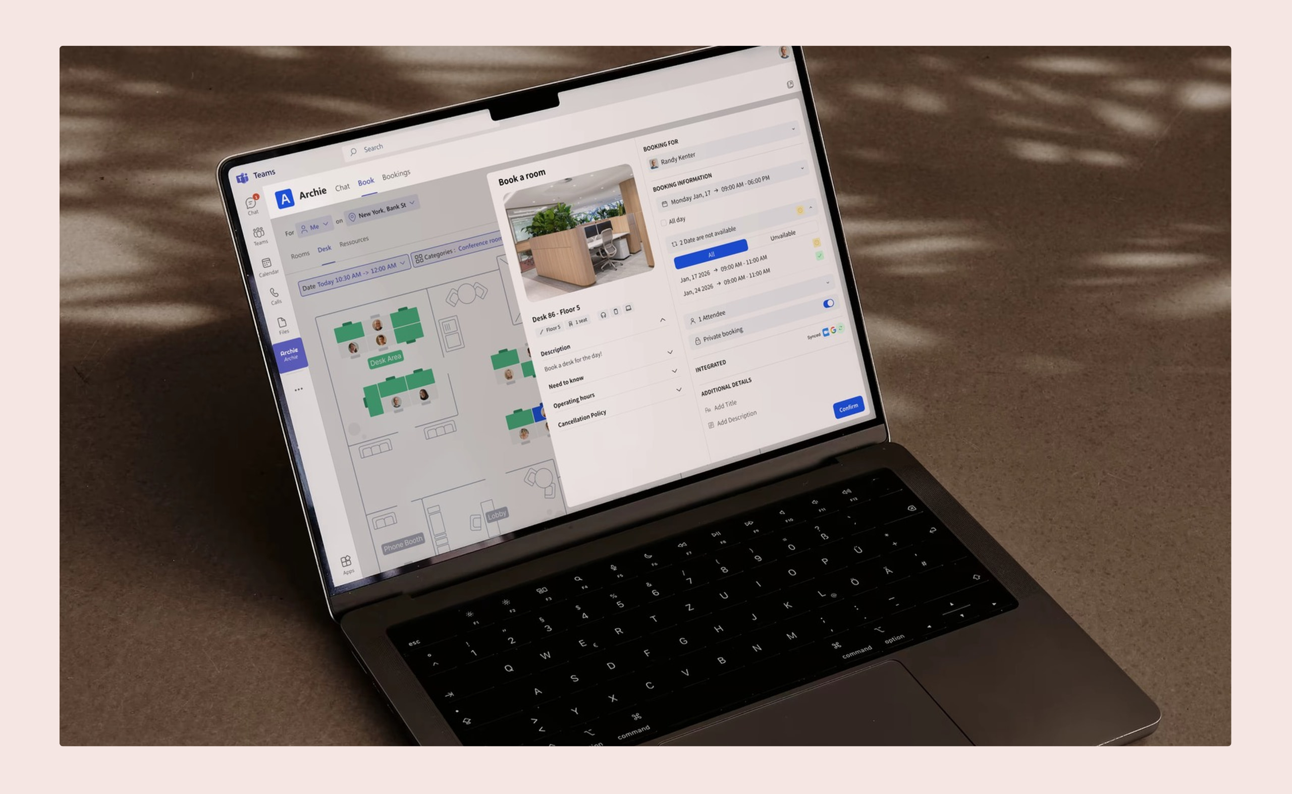 A laptop screen showing Archie software’s room booking feature with a floor plan, next to a G2 “Best Results” badge for Summer 2025.