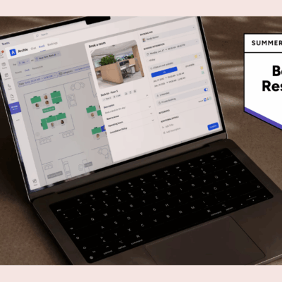 A laptop screen showing Archie software’s room booking feature with a floor plan, next to a G2 “Best Results” badge for Summer 2025.