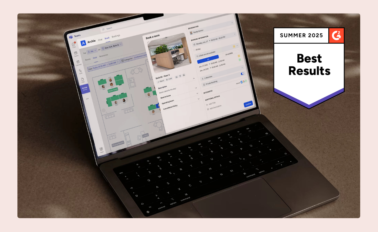 A laptop screen showing Archie software’s room booking feature with a floor plan, next to a G2 “Best Results” badge for Summer 2025.