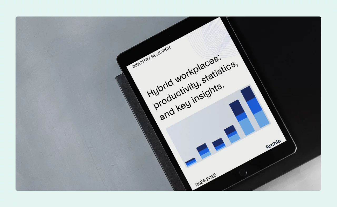 Tablet displaying the cover of an ebook titled "Hybrid workplaces: productivity, statistics, and key insights" by Archie.