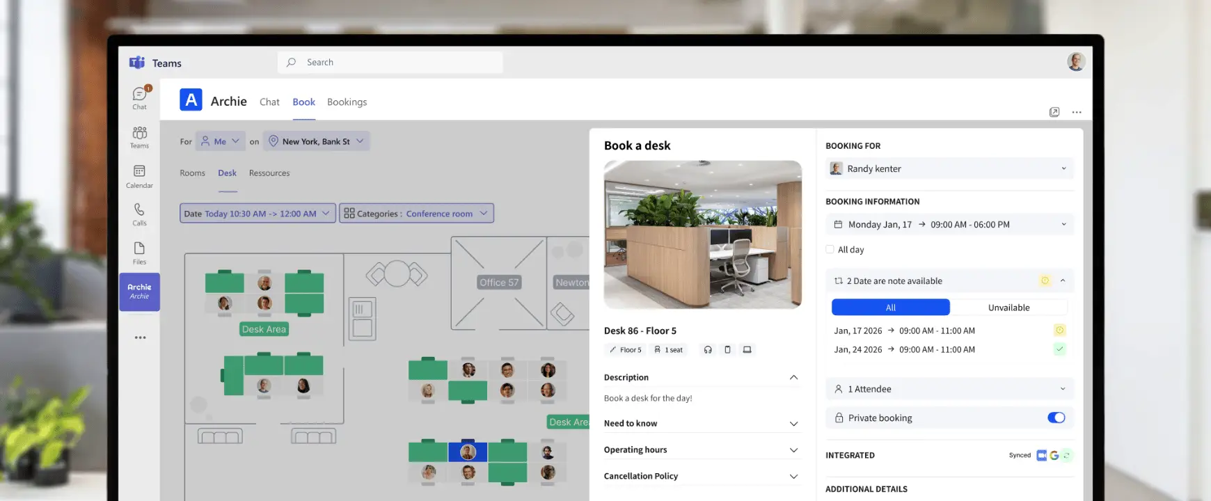 Archie desk booking system integrated with Microsoft Teams, allowing employees to reserve desks, manage bookings, and view office availability without leaving Teams.