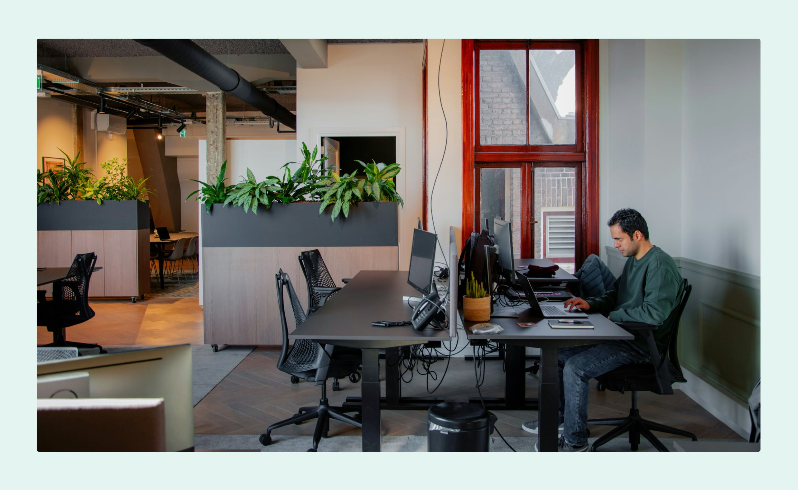 Man working at a desk in a modern office space with indoor plants and open office layout.