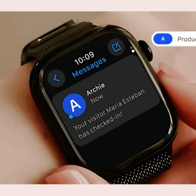 Smartwatch showing a visitor check-in notification from Archie thanks to Twilio integration.