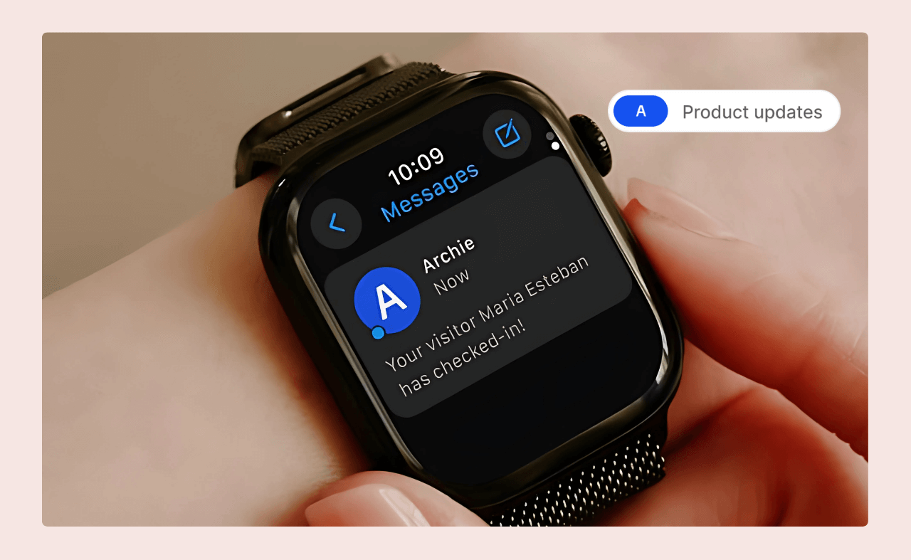Smartwatch showing a visitor check-in notification from Archie thanks to Twilio integration.