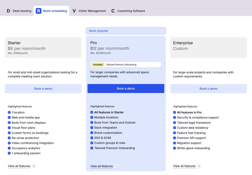 Archie - meeting room booking pricing.