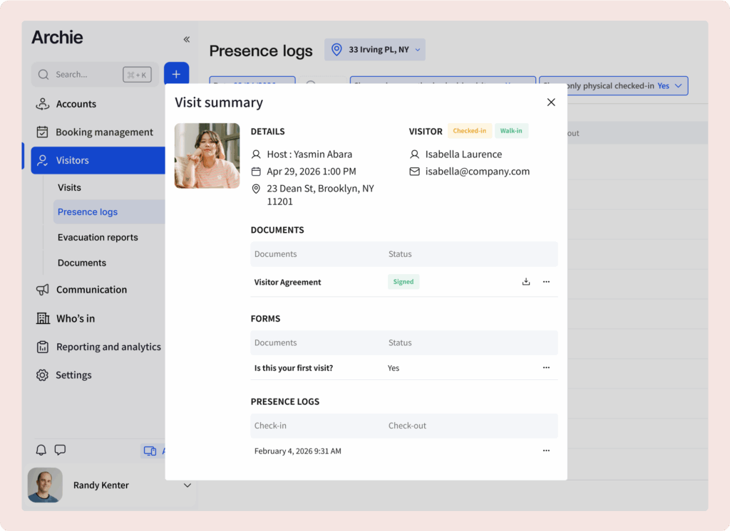 Visitor summary screen in Archie showing host and guest details, signed documents, and check-in timestamp.