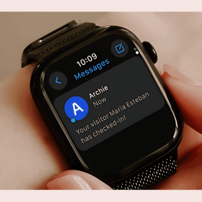 Smartwatch showing a visitor check-in notification from Archie thanks to Twilio integration.