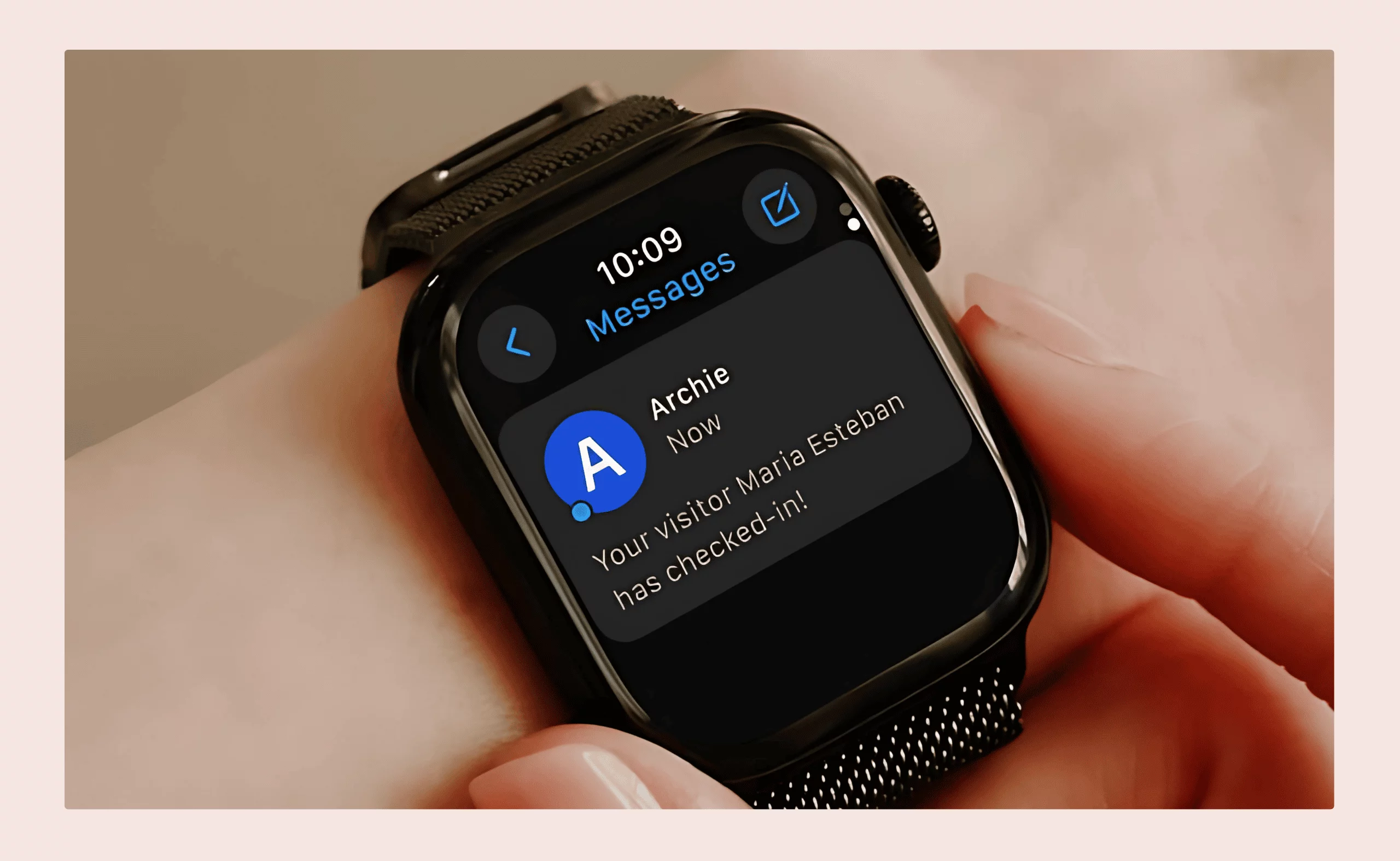 Smartwatch showing a visitor check-in notification from Archie thanks to Twilio integration.