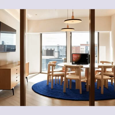 Small modern meeting room with wooden chairs around a round table, digital room display showing booking details, and large windows with city views.