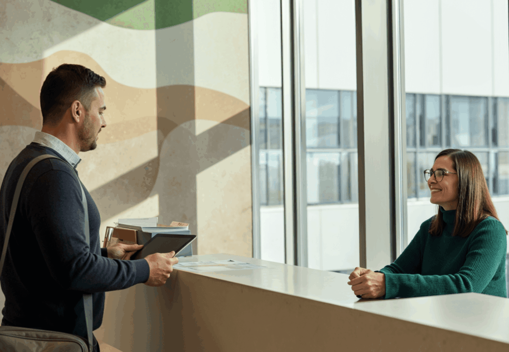 Man checking in at a modern office reception desk, speaking with a smiling receptionist near large windows.