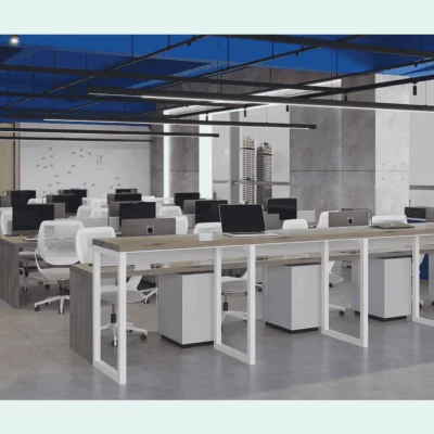 Modern open-plan office with rows of desks, white chairs, and desktop computers under a blue ceiling.