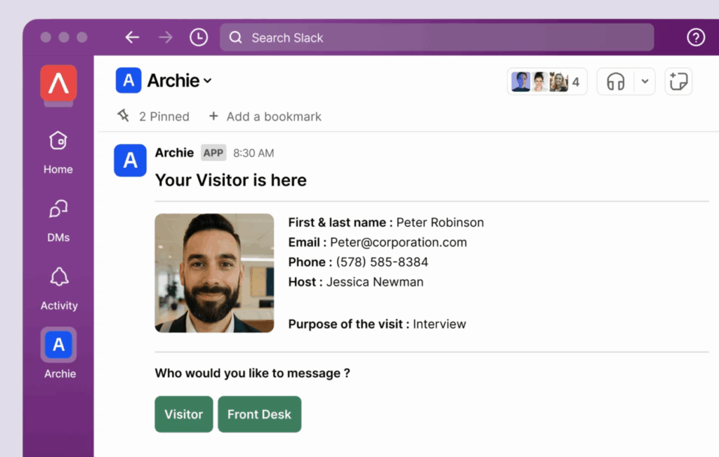Archie Visitors - Slack notification feature.