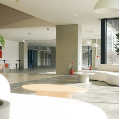 Bright office lounge with white curved sofas, indoor plants, and large windows letting in natural light.