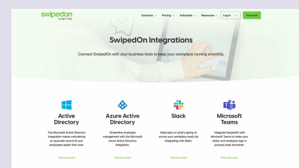 SwipedOn integrations - website screenshot.