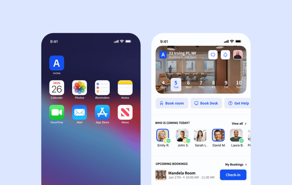 Archie Coworking Mobile apps mockup.