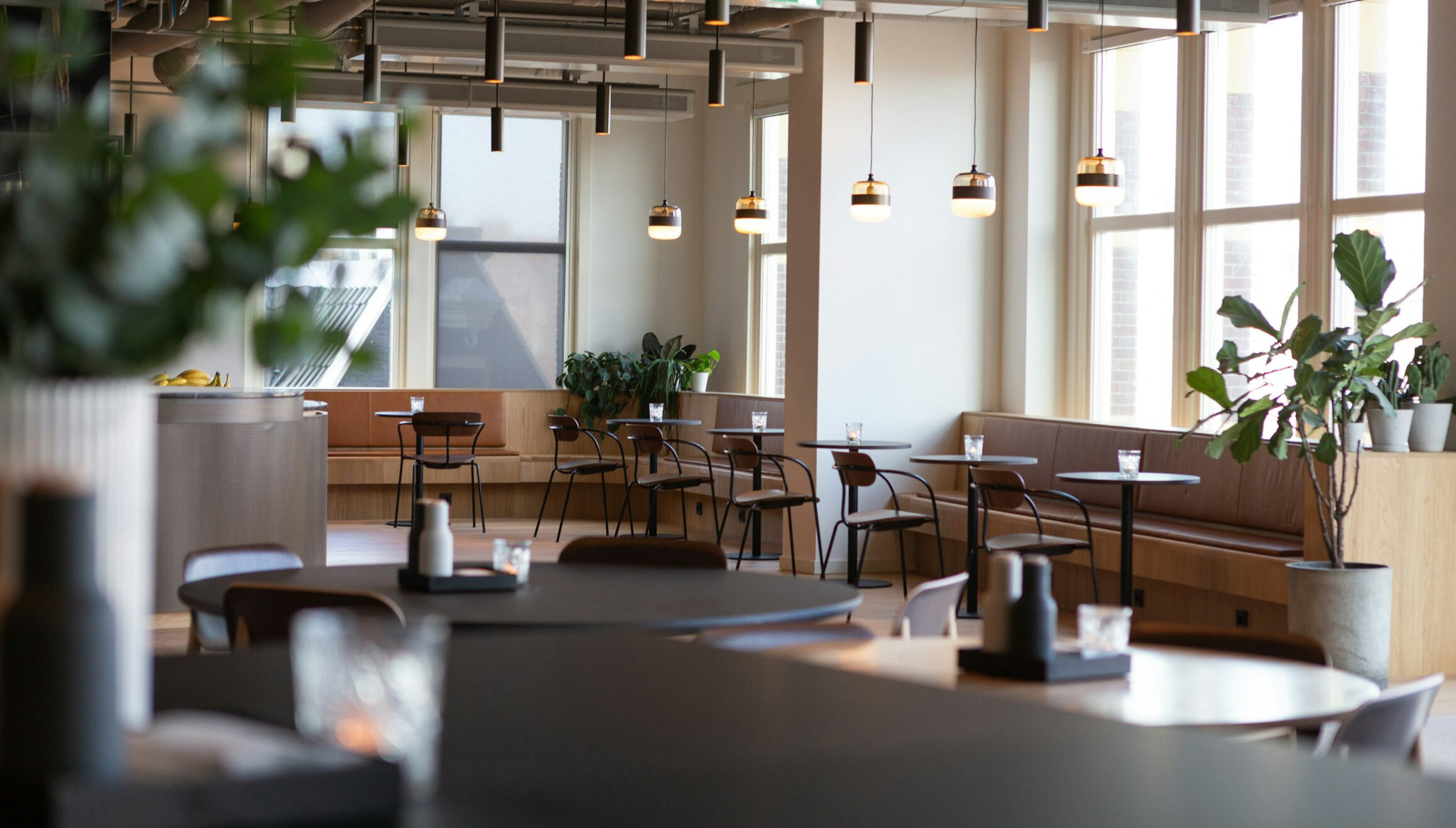 The State of Flexible Working: Statistics & Trends for 2026 Modern office café with round tables, hanging lights, and potted plants by large windows.
