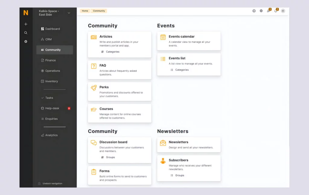 Nexudus UI - Community engagement features.