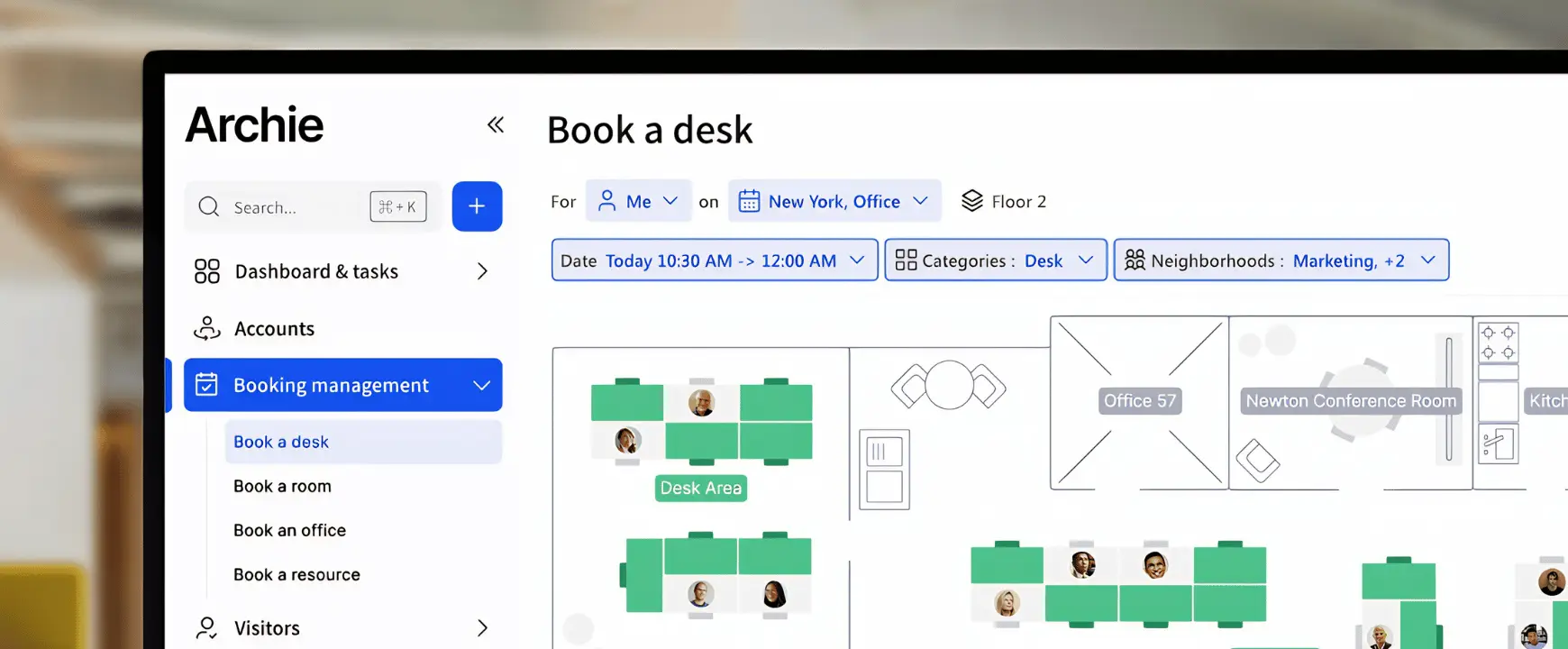 Archie desk booking software with an interactive office floor plan, desk availability, team neighborhoods, and workspace reservations.