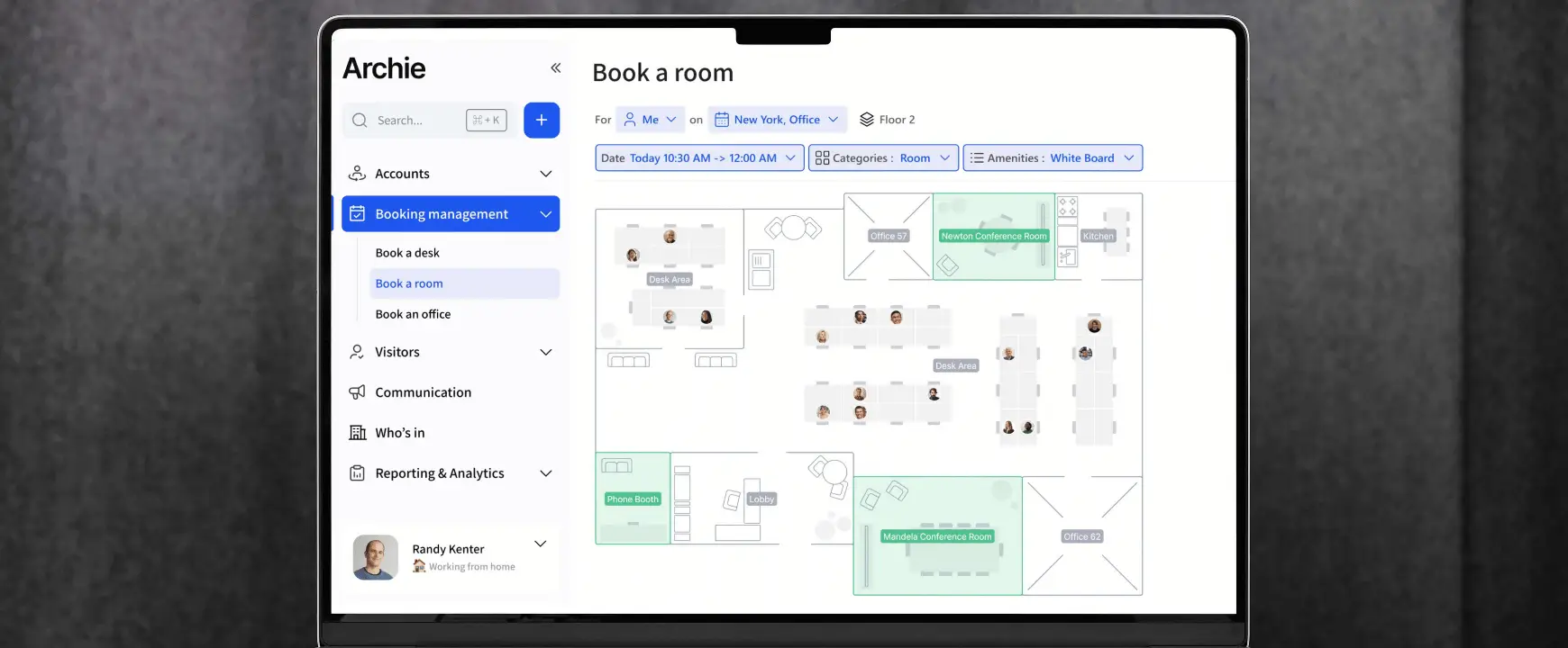 Archie meeting room booking software displaying an interactive floor plan with available conference rooms and workspace reservations.
