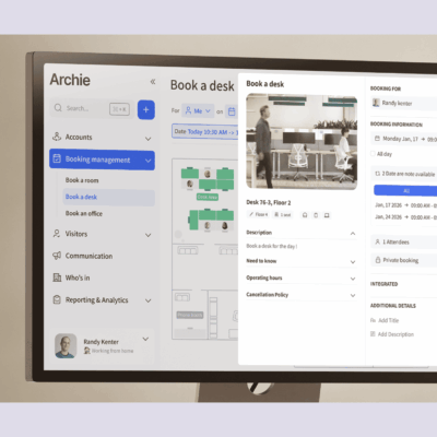 Close-up of a computer screen displaying Archie’s desk booking software, with a desk reservation form and interactive floor plan.