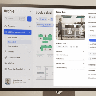 Close-up of a computer screen displaying Archie’s desk booking software, with a desk reservation form and interactive floor plan.